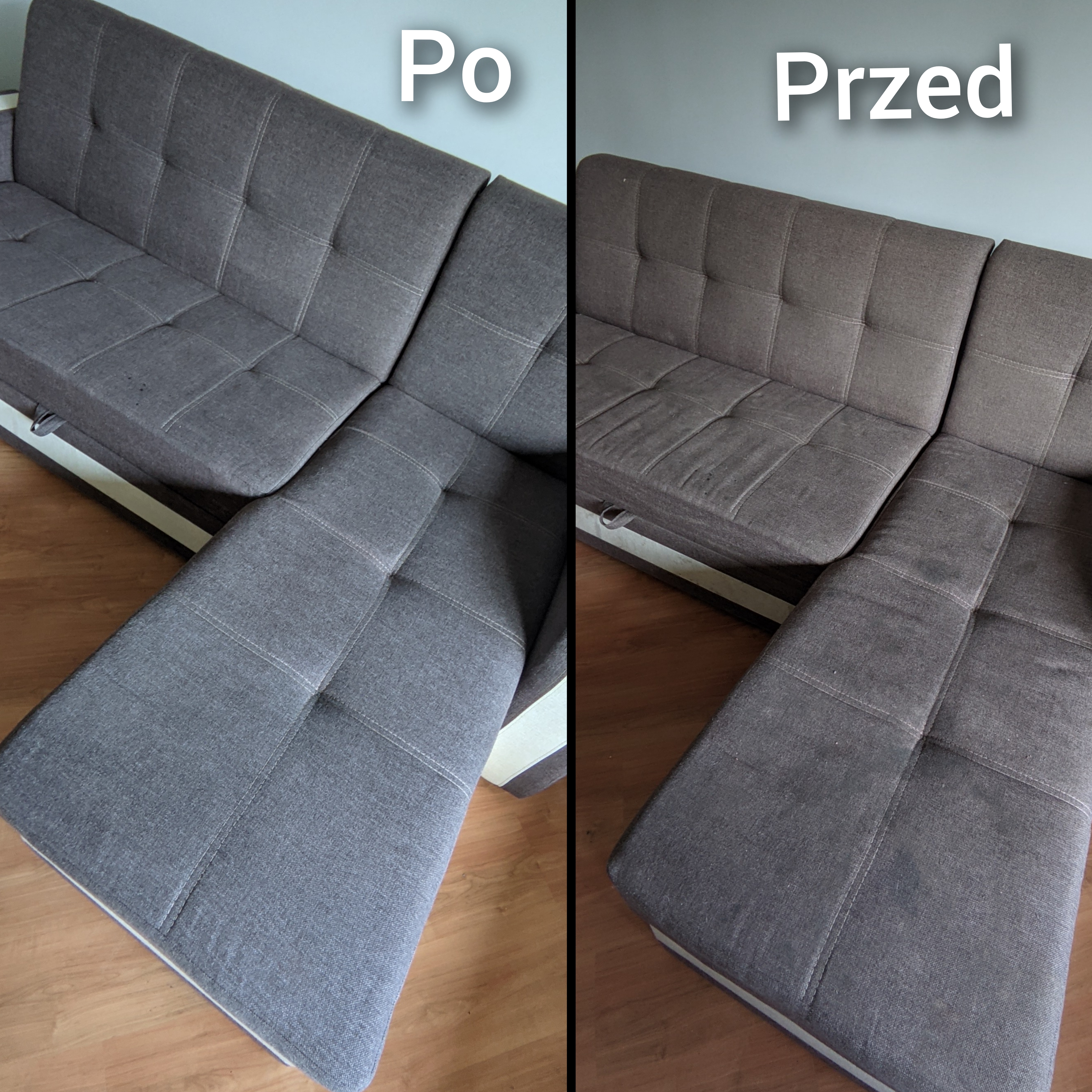 Pranie kanapy rozkładanej w szarej tkaninie — efekt przed i po