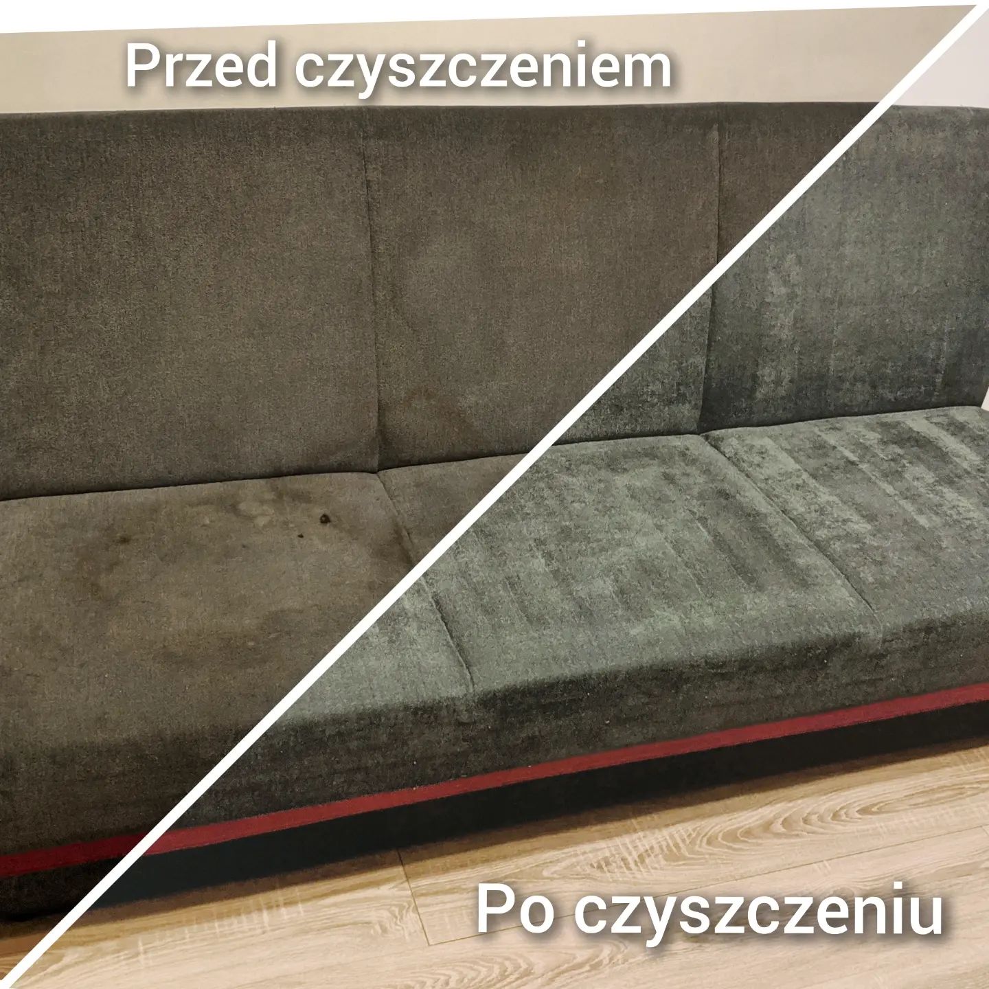 Pranie kanapy szarej z plamami — efekt przed i po, Wieluń